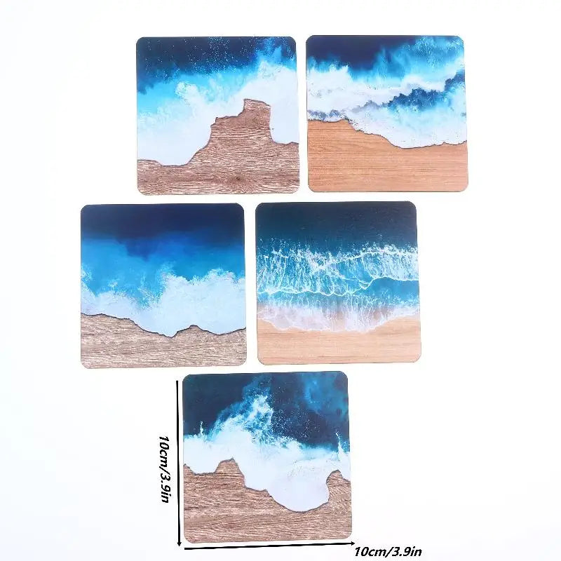 ♥5-Pack Ocean Wave Resin Coasters - Beach Themed Wooden Base Drink Coasters for Home & Office