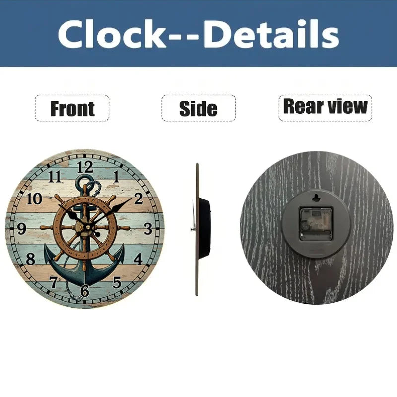 2D Flat. 1pc. Nautical Theme Style Wall Clock - Silent Decorative Clock, Creative Wall Clock, Suitable for Bedroom, Living Room, Office Decoration, 20.32/25.4/30.48/35.56 cm (AA Battery Not Included)