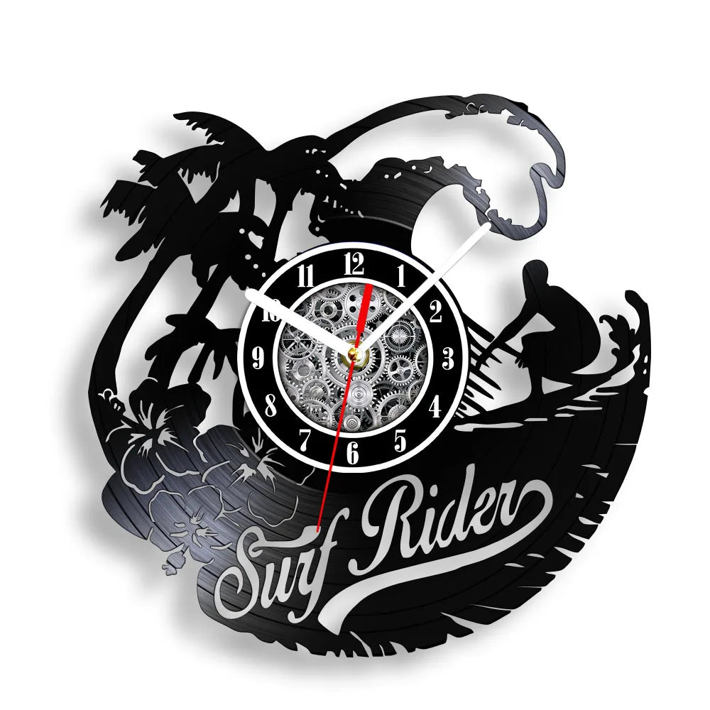 Water Sport Surfing Vinyl Record Wall Clock Sea Wave Coastal Landscape Wall Art Handicraft Carved Music Album Clock Surfer Gifts