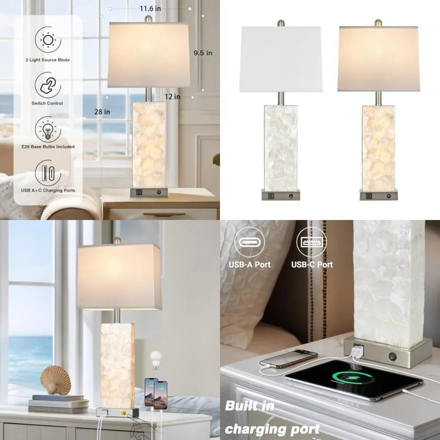 28" Coastal Table Lamps for Living Room, Bedside Lamps with Night Light, USB A+C Ports, Modern Sea Shell Bedside Night Stands L