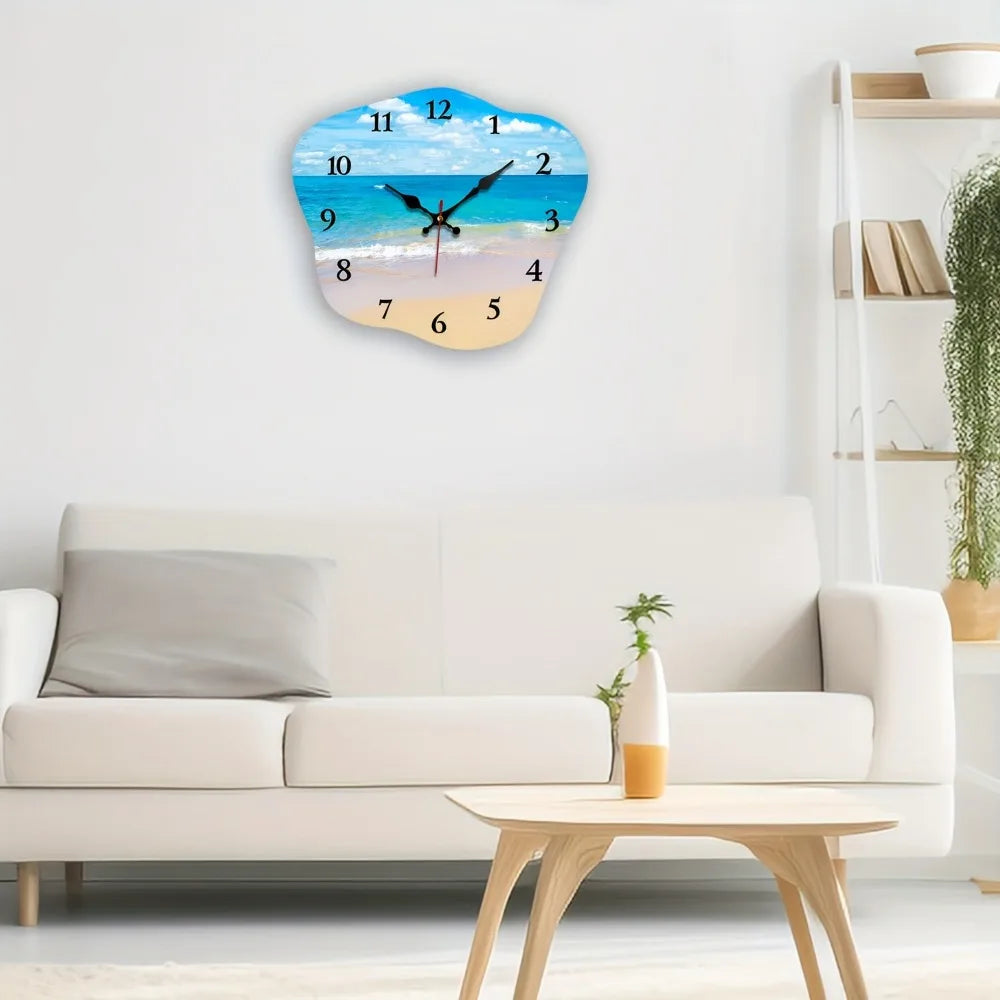 One Pack, Irregular Shaped Silent Wall Clock with Seaside Blue Sky and White Clouds Pattern, Suitable for Home Bedroom Gift Deco