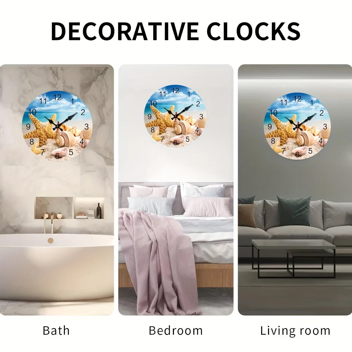 Round Wall Clock/Beach And Shell Theme/Silent Operation Without Ticking/Perfect for Home Decoration During Holidays And As a Gift