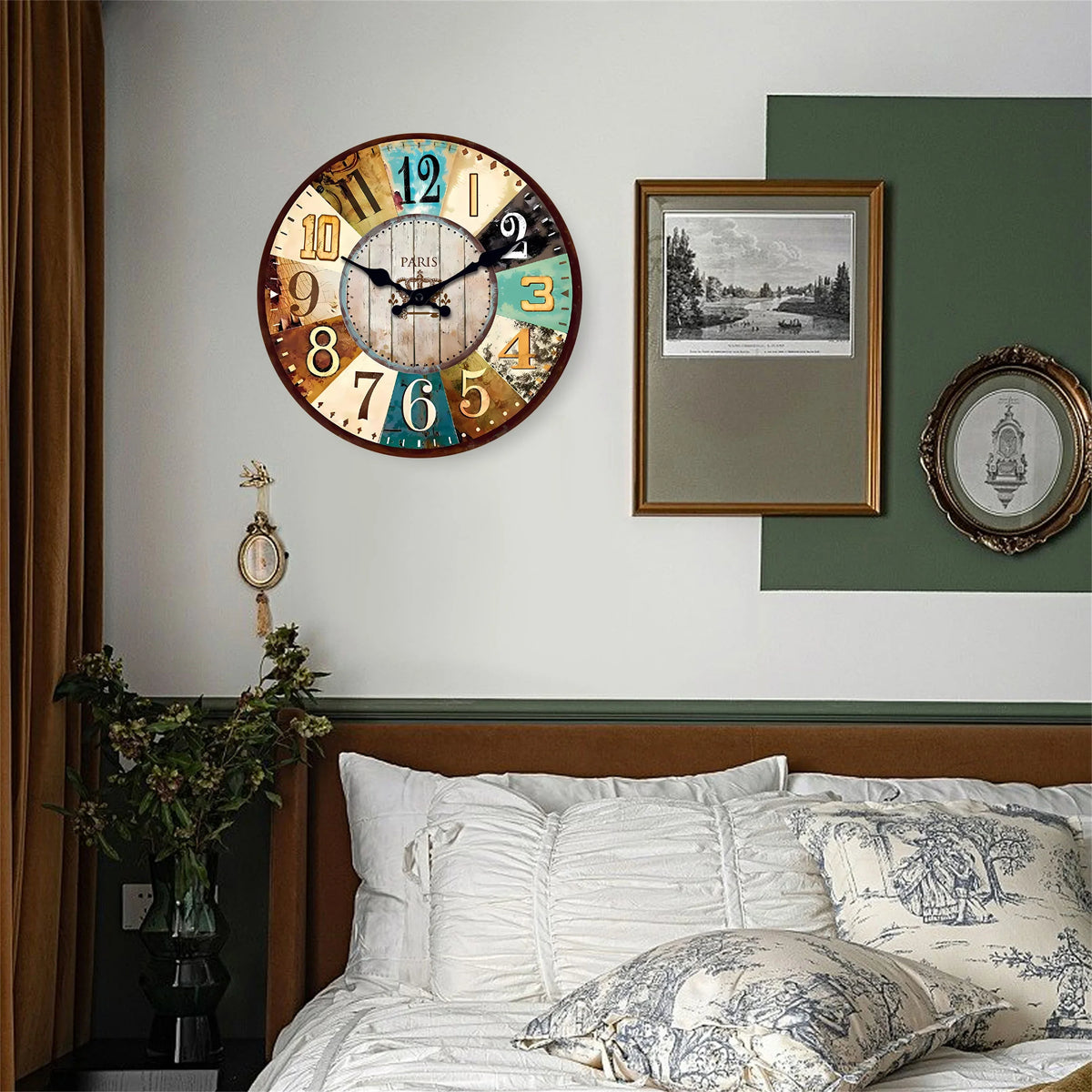 Vintage Mediterranean Wooden Wall Clock Living Room Bedroom Kitchen Home Decor Silent Quartz Clock Holiday Gift 10-Inch 12-Inch 14inch 16inch (No Battery)