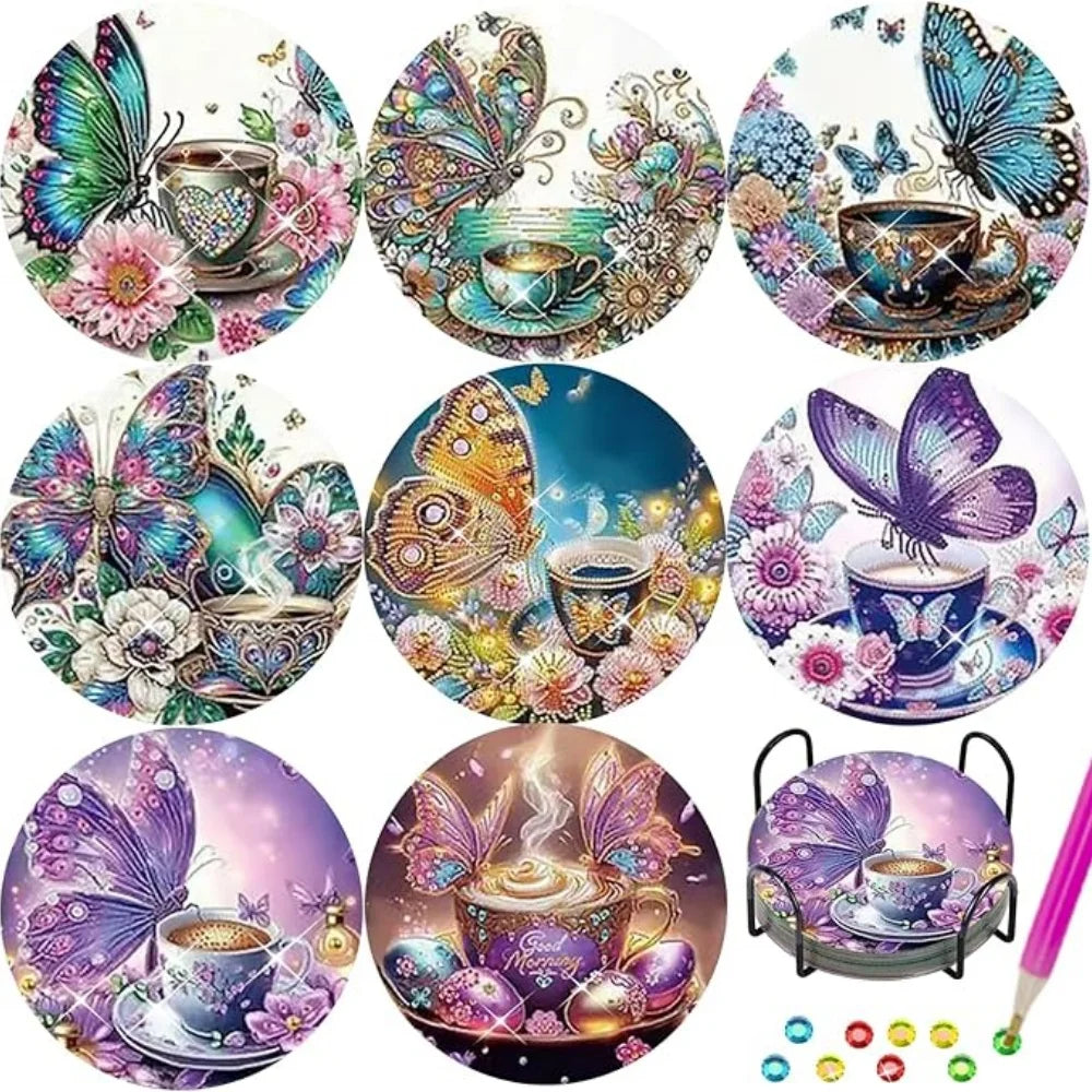 8 Pieces of Diamond Art Painting Coasters with Brackets, DIY Cat Patterned Diamond Art Coasters, Suitable for Both Adults and Be
