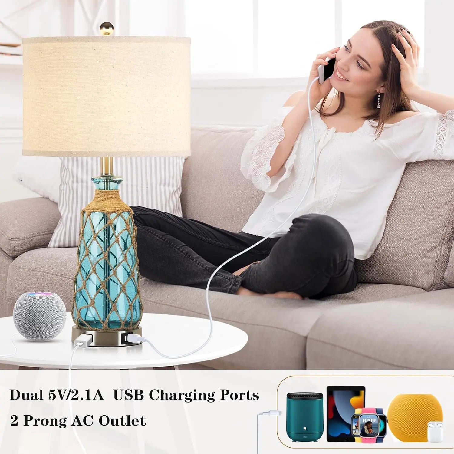 25.5 Coastal Glass Table Lamps Set of 2 3 Way Dimmable Touch Control Bedside Lamps 2 Usb Ports Ac Outlet Blue Nautical Nightstan