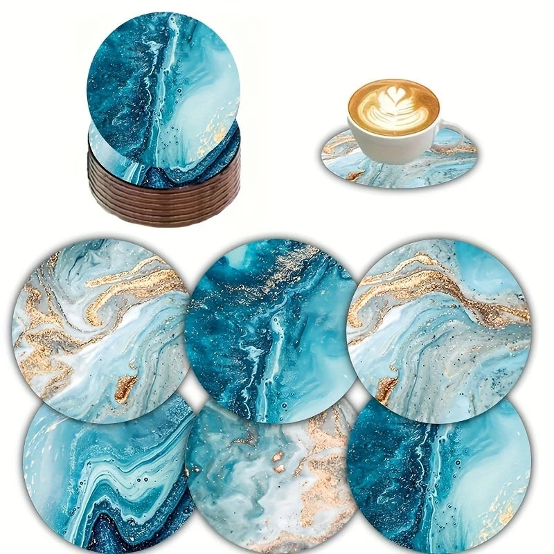 2D Flat 6pcs Blue Ocean Round Wooden Coasters & Placemats Set - Home, Cafe, Party Table Decor, Durable Drink Coasters For Home