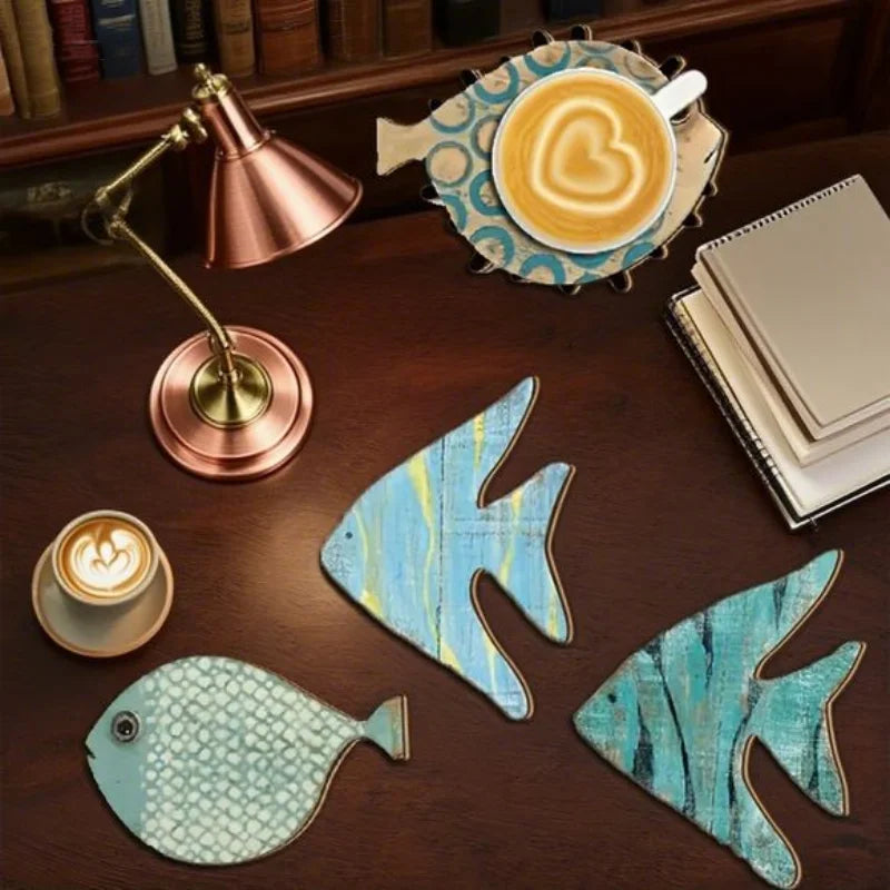 6pcs 2D Fish-Shaped Wooden Coasters Anti-skidding Heat-Resistant Beach-Themed Kitchen Decoration Maritime Style Coffee Shop Use