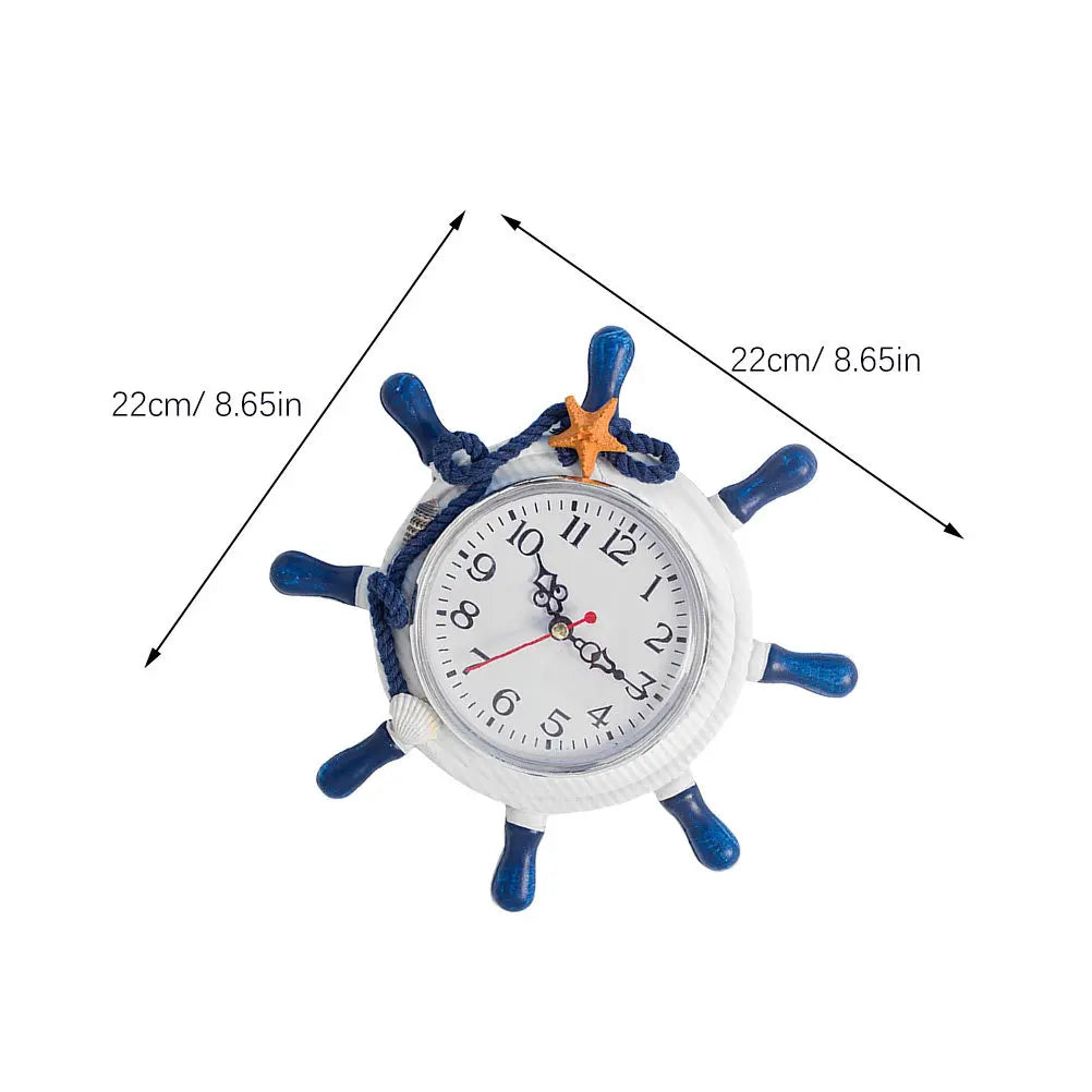 1Pcs Wall Clock Wooden Mediterranean Style Large Number Blue Sea Star Decoration Home Office Bedroom Living Room