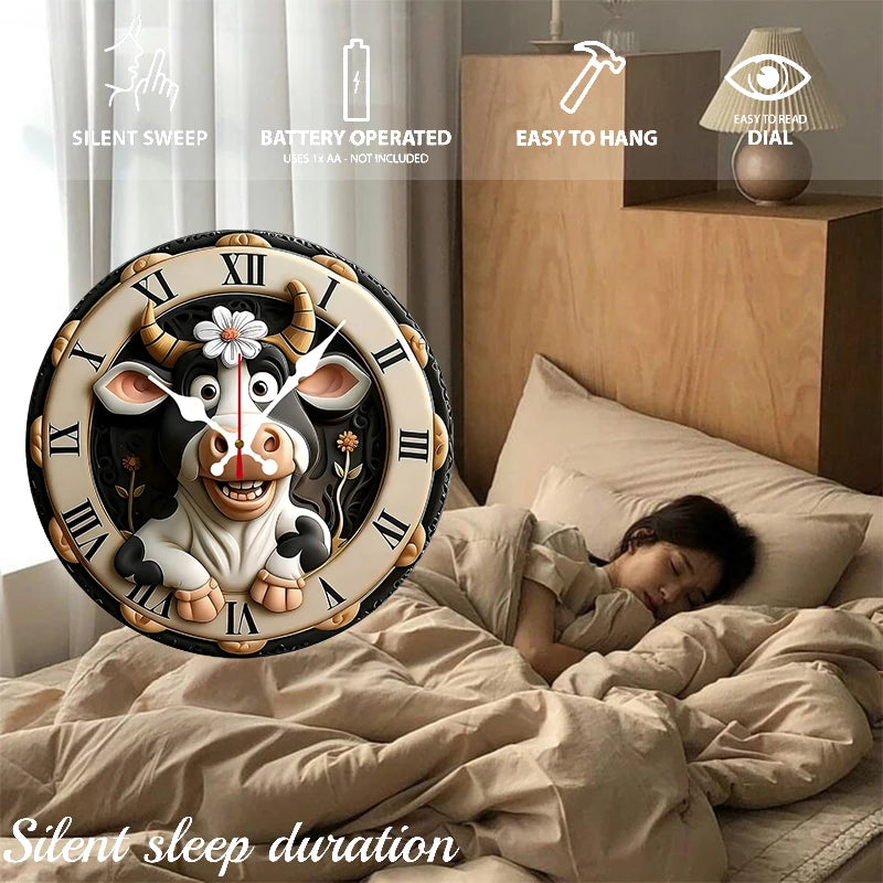 Cow Pattern Wooden Round Silent Hanging Wall Clock, Suitable For Living Room, Office, Study Room, Bedroom, Home Decoration