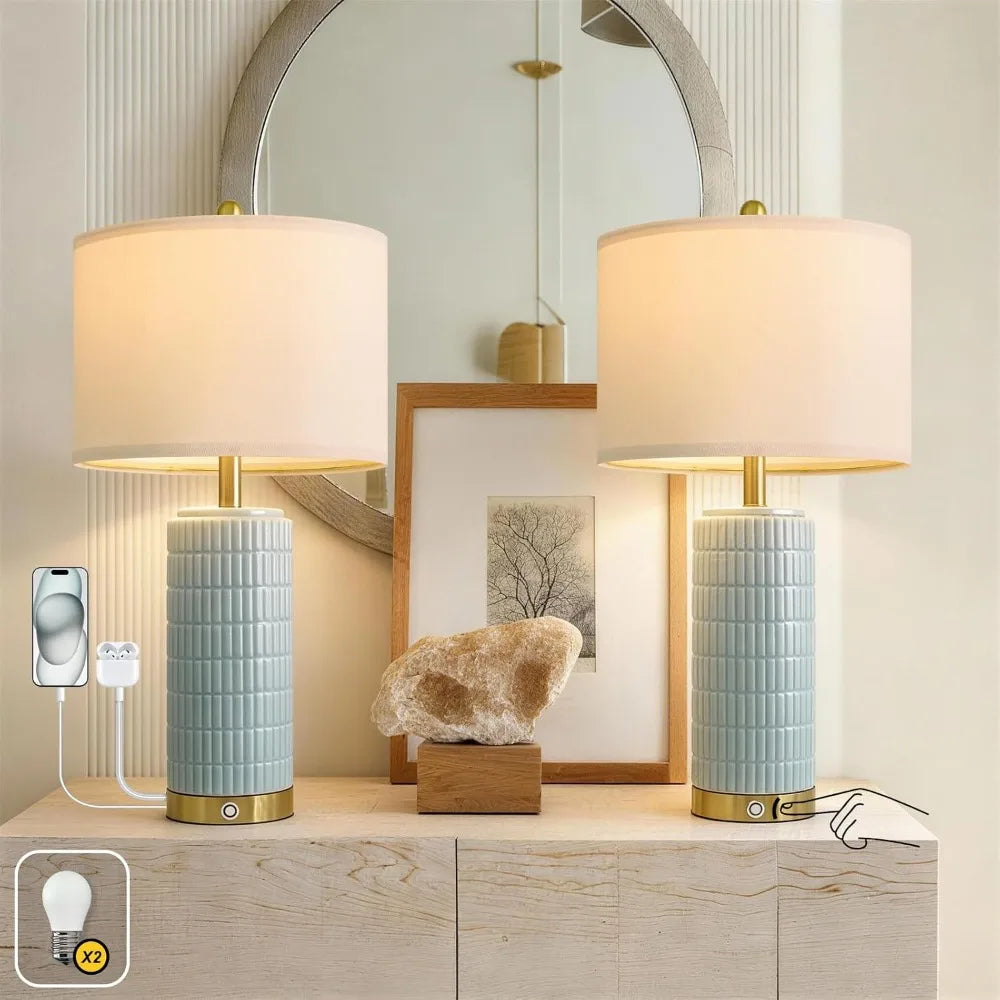 Best Selling 25'' Touch Lamps Set of 2, 3-Way Dimmable with USB Ports, Coastal Blue for Bedroom Living Room
