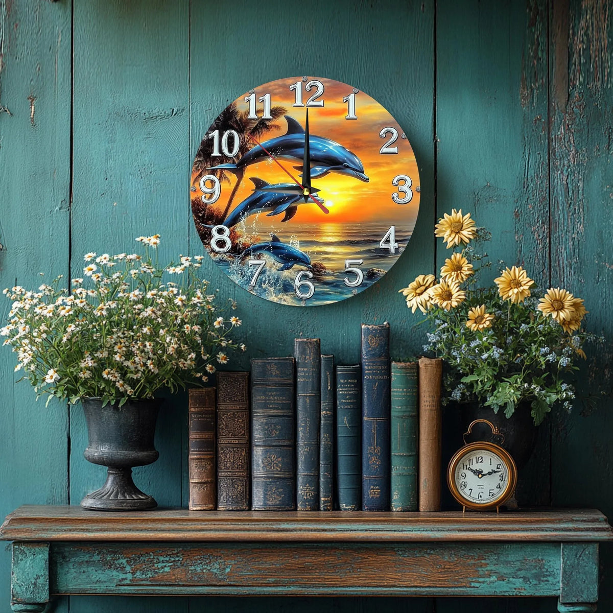 Wooden Wall Clock with a Dolphin - Sunset Pattern, Perfect for Home Decor. Runs on AA Batteries