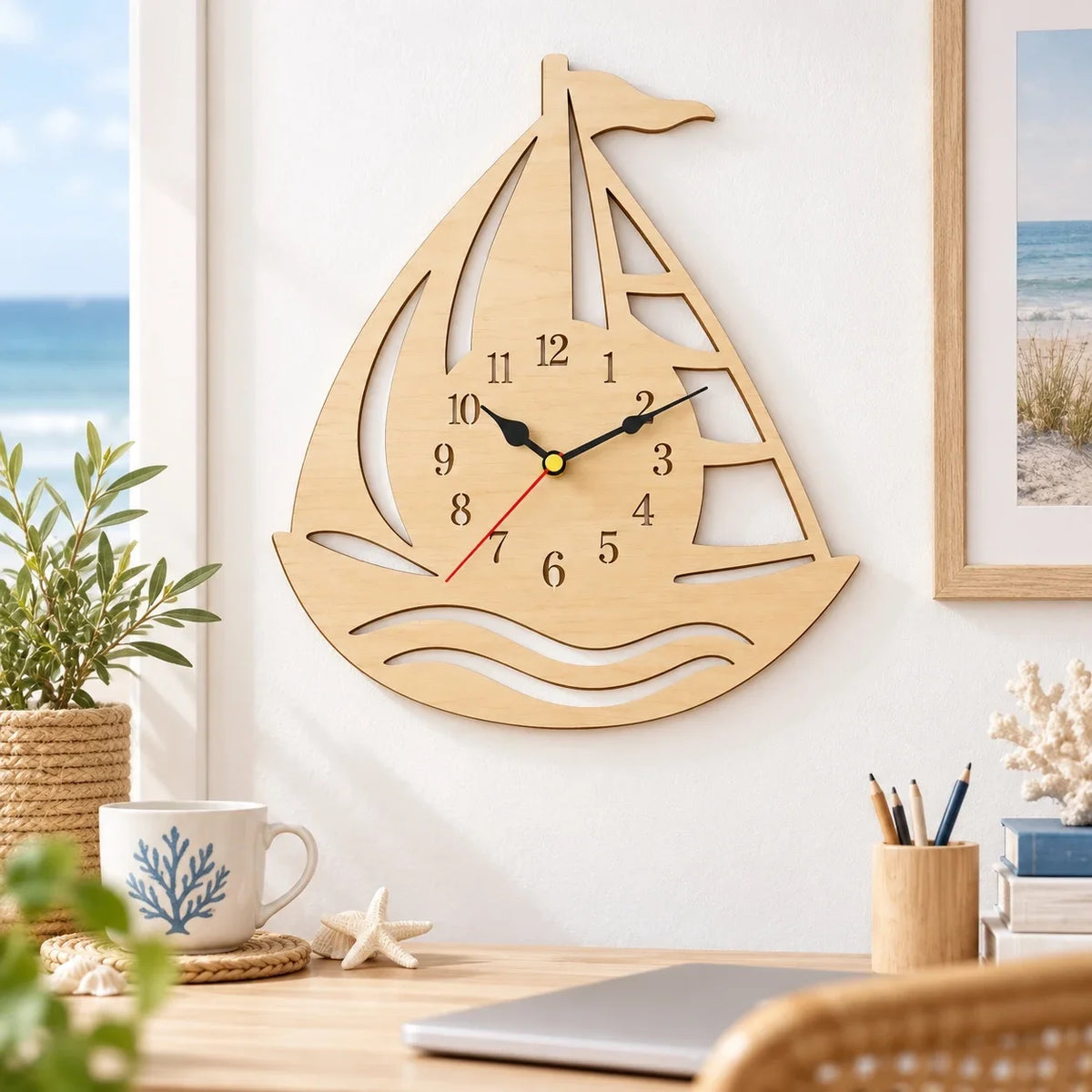 Wooden Sailboat Wall Clock, Nautical Coastal Home Decor, Beach House Wall Art, Ocean Theme Room Decor, Rustic Marine Clock