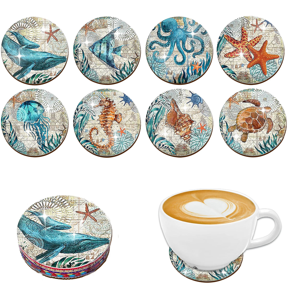 The 8-Piece Set of Anti-Slip Wooden Coasters for Marine Animals Is Suitable for Kitchens and Dining Rooms