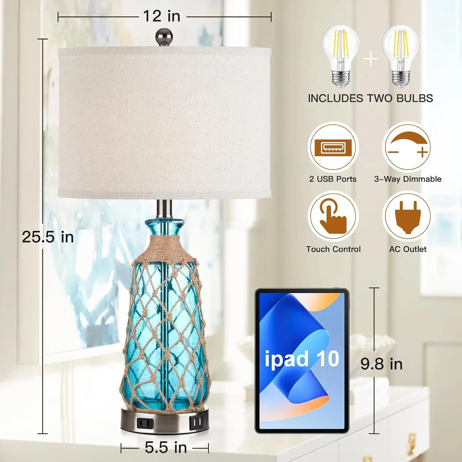 25.5 Coastal Glass Table Lamps Set of 2 3 Way Dimmable Touch Control Bedside Lamps 2 Usb Ports Ac Outlet Blue Nautical Nightstan