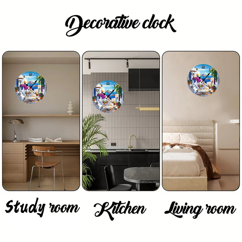 Mediterranean Street Wooden Round Silent Hanging Wall Clock, Suitable For Living Room,Office,Study Room,Bedroom, Home Decoration