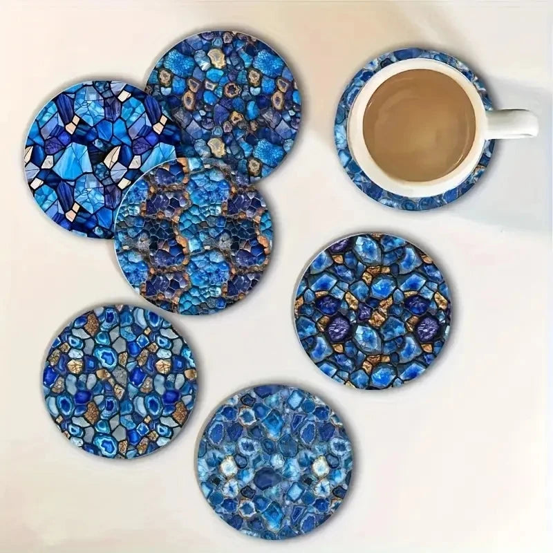 6pcs Ocean Blue Wooden Coasters 2D Blue Design Heat Protection Home Tabletop Decor Color Printed Coffee Cup Accessories
