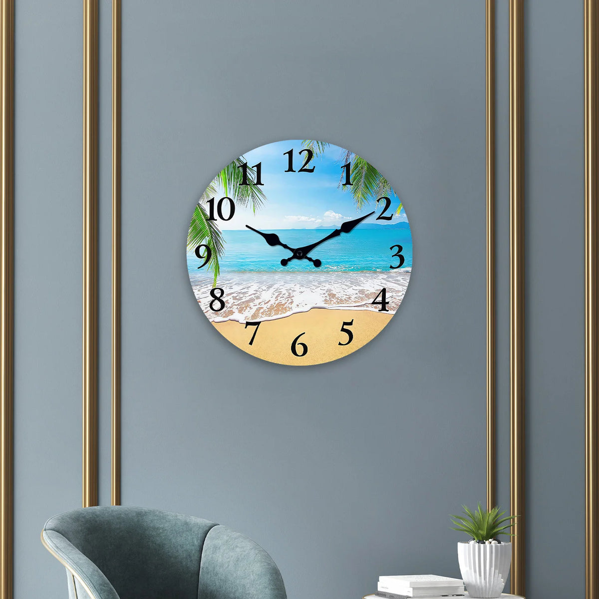 Light Luxury Beach Pattern Wooden Wall Clock for Living Room, Bedroom, Kitchen, Home Decoration, Silent Quartz Clock, Holiday Gift, 10 Inches, 12 Inches (No Battery)