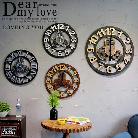Vintage Gear Wall Clock Industrial Style Wood & Metal Wall Timepiece American Rustic Decor for Bar or Cafe Wall Use - Unique Finds Market LLC