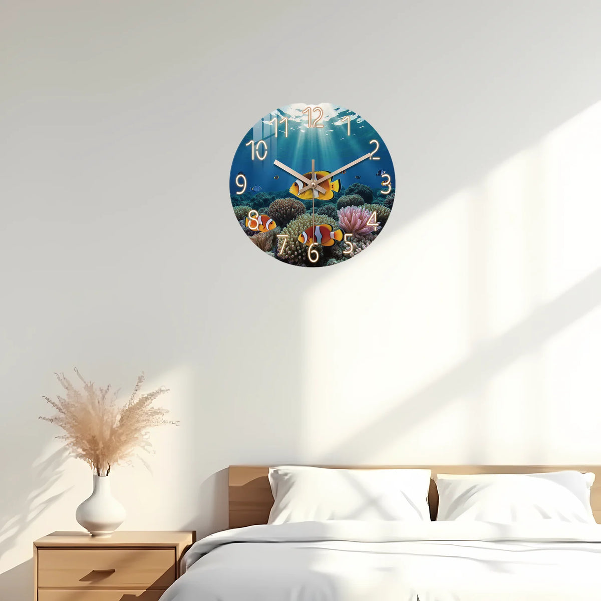 Ocean Eco Clownfish Coral Pattern Wooden Wall Clock, 10-24inch Silent Wall Clocks, Aa Battery Powered, Suitable for Living Room, Bedroom, Office, (Batteries Not Included), Mother's Day, Easter, April Fool's Day