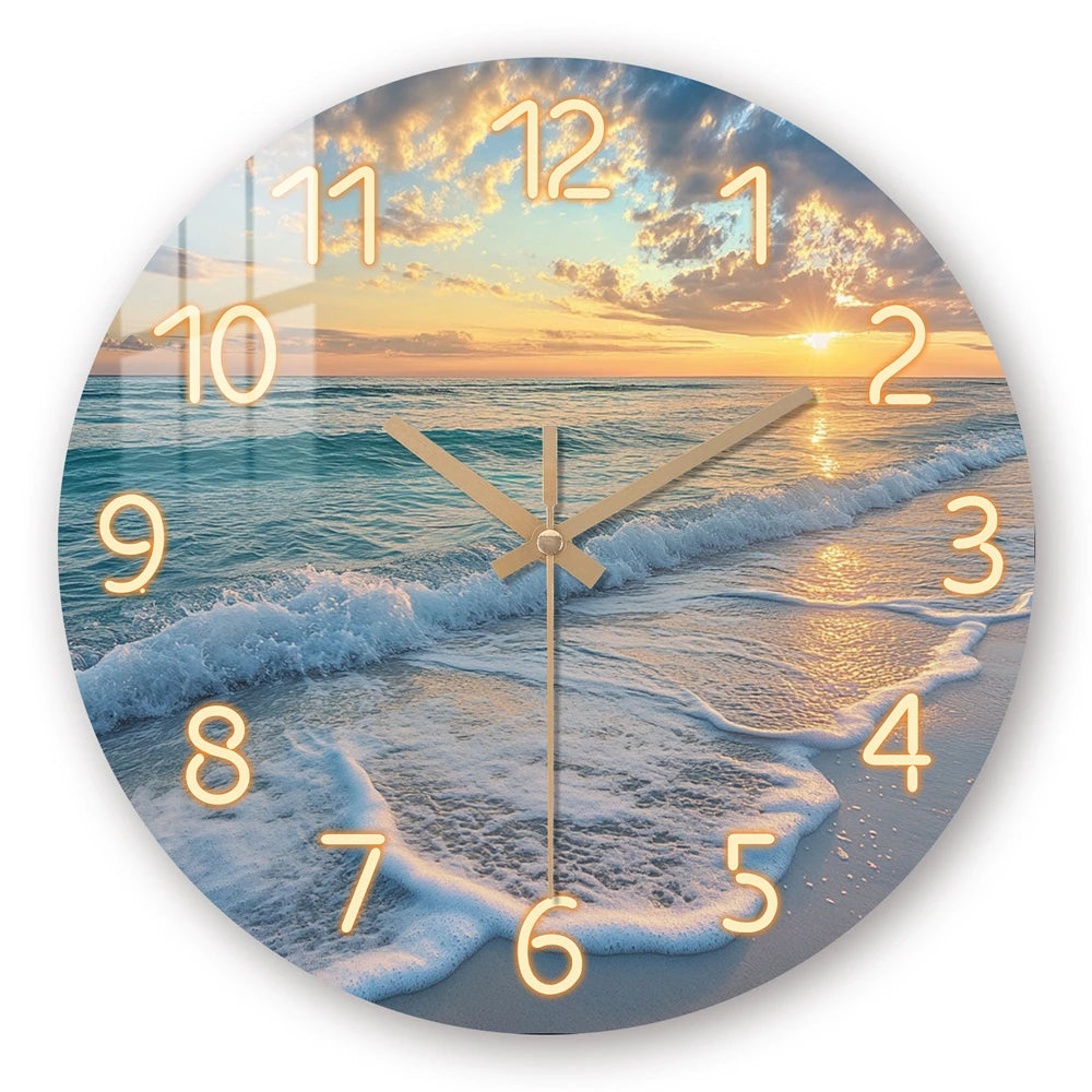 Wall Clock, Nature Theme Beach Sunset Pattern Design, Tempered Film Veneer Silent, Suitable for Living Room Bedroom Beach House Decor, Ideal for Summer Holiday Gifts, Battery Powered (Excluding AA Battery), 1pc