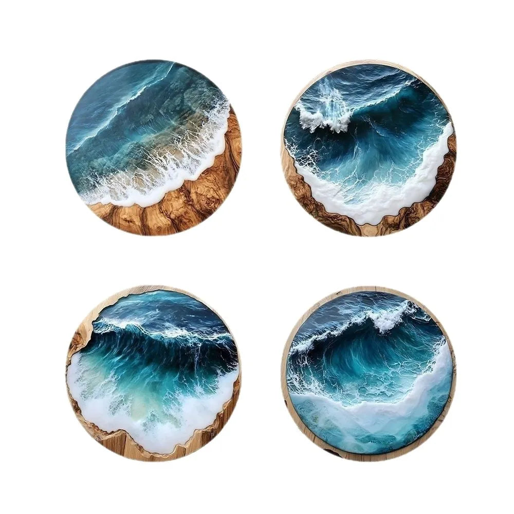 8/4pcs ocean beach pattern printed wooden coasters, heat-insulating protective mats, suitable for water bottles, cafes, offices, kitchens, restaurants, birthday gifts