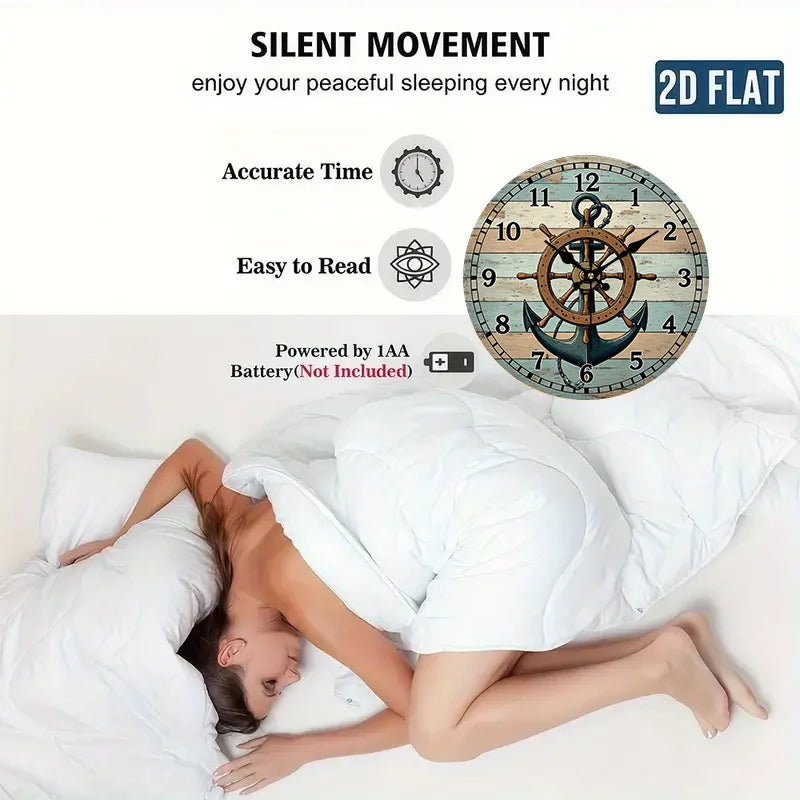 2D Flat. 1pc. Nautical Theme Style Wall Clock - Silent Decorative Clock, Creative Wall Clock, Suitable for Bedroom, Living Room, Office Decoration, 20.32/25.4/30.48/35.56 cm (AA Battery Not Included)