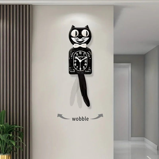 Cartoon Cat Wall Clock 2D Silent Clock Tail Swinging Cute Cat Wall Decoration Black Brief Clocks Glass Mirror Surface Decor - Unique Finds Market LLC
