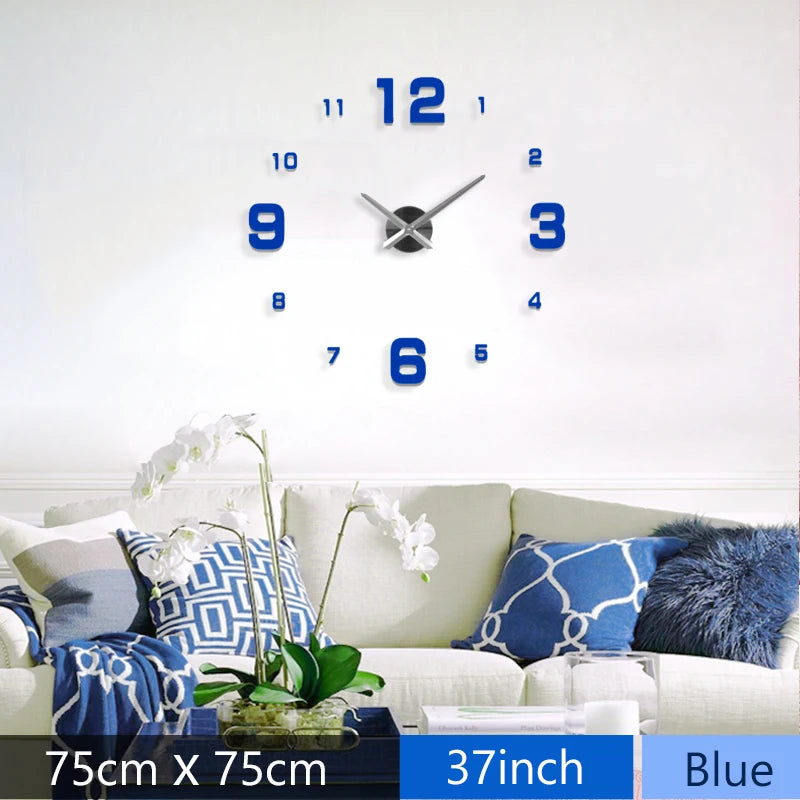 Fashion 3D Mediterranean Style Big Size Blue Wall Clock Mirror Sticker DIY Brief Living Room Decor Meeting Room Wall Clock