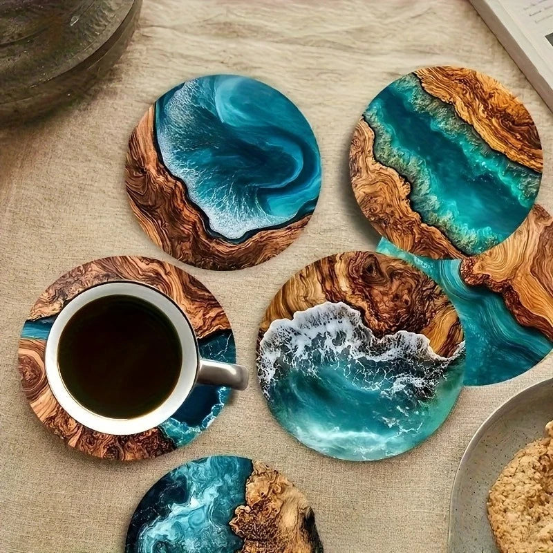 New thickened Turquoise ocean and tropical wood grain round coaster, heat-resistant and non-slip, for home and coffee shop
