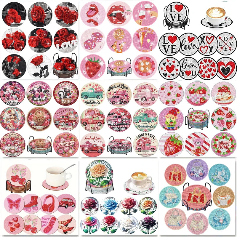 8 Pieces/Set Rose and Diamond Painting Coaster Set, DIY Coaster with Holder, Beginner and Adult Diamond Craft Gift