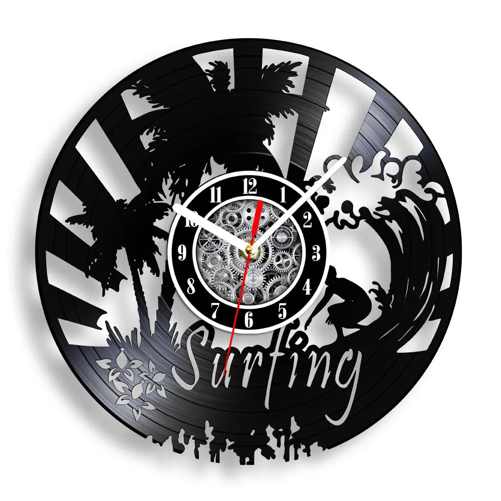 Water Sport Surfing Vinyl Record Wall Clock Sea Wave Coastal Landscape Wall Art Handicraft Carved Music Album Clock Surfer Gifts