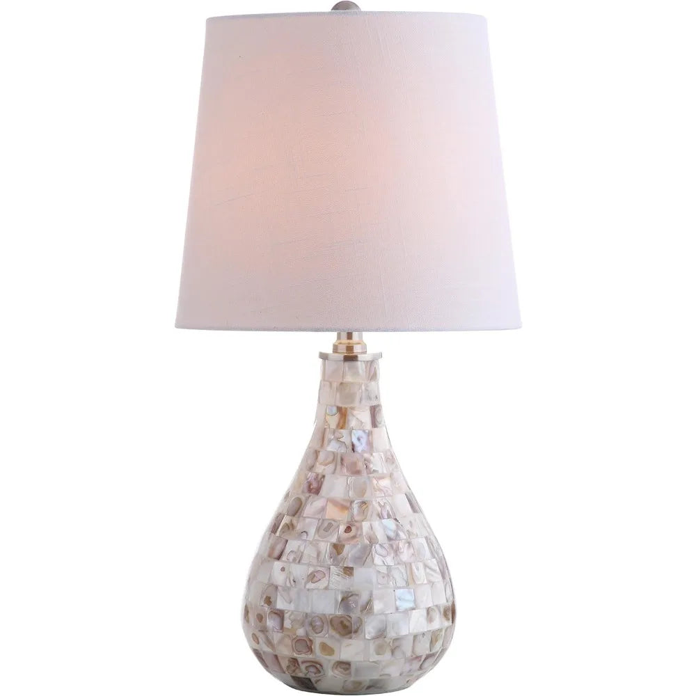 US Shipping Modern White Linen Drum Shade LED Table Lamp Mother of Pearl Seashell Coastal Bedside Nightstand Lamp for Living