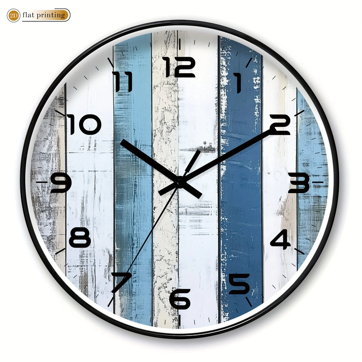 1pc Wall Clock / 2D Flat Printed Clock,  Blue and White Wood Grain Pattern Design / Suitable for Living Room, Bedroom, Seaside Style Decoration, Beach Style Home Decor / Ideal Birthday, Holiday, Summer Gift (AA Batteries Not