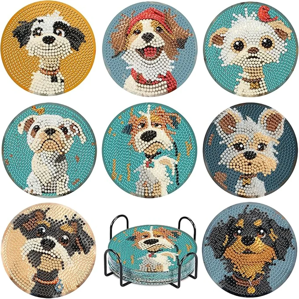 8 Pieces of Diamond Art Painting Coasters with Brackets, DIY Cat Patterned Diamond Art Coasters, Suitable for Both Adults and Be