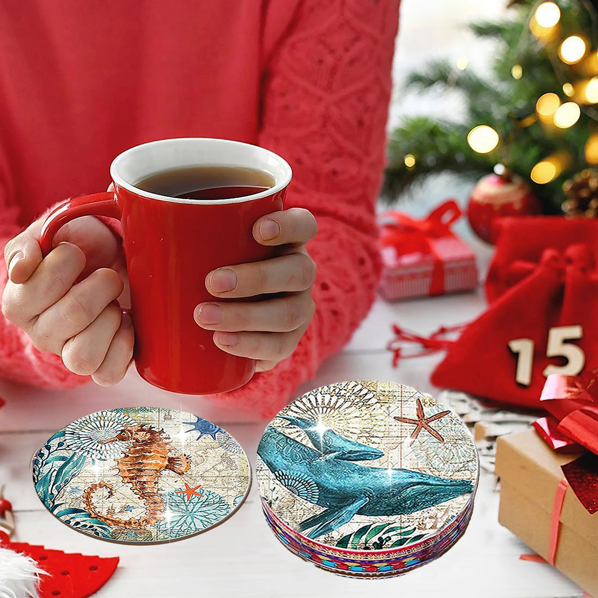The 8-Piece Set of Anti-Slip Wooden Coasters for Marine Animals Is Suitable for Kitchens and Dining Rooms