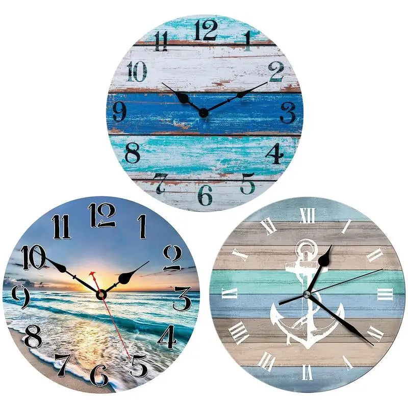 Beach Blue Wall Clocks Non Ticking Vintage Rustic Coastal Clock for Girl Boy Bedroom Bathroom Kitchen Living Room Office