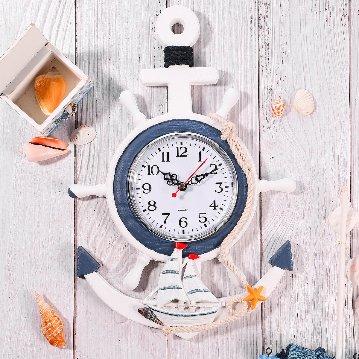 Rudder Anchor Wall Clock Mediterranean Decor Hanging Clock Seaside Nautical Wood Bedroom Waterproof AntiOxidation