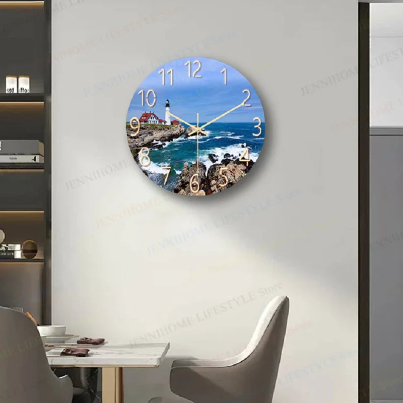 Beach Wall Clock Wall Art Clock Luxury Marble Watch Wall Mount Mechanic Clock Frameless Clock Wall Decor for Living Room Kitchen
