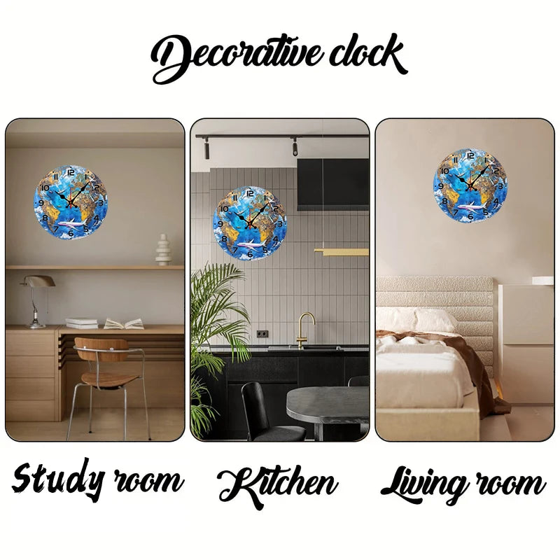 World Map Wooden Round Silent Hanging Wall Clock, Suitable For Living Room, Office, Study Room, Bedroom, Home Decoration.