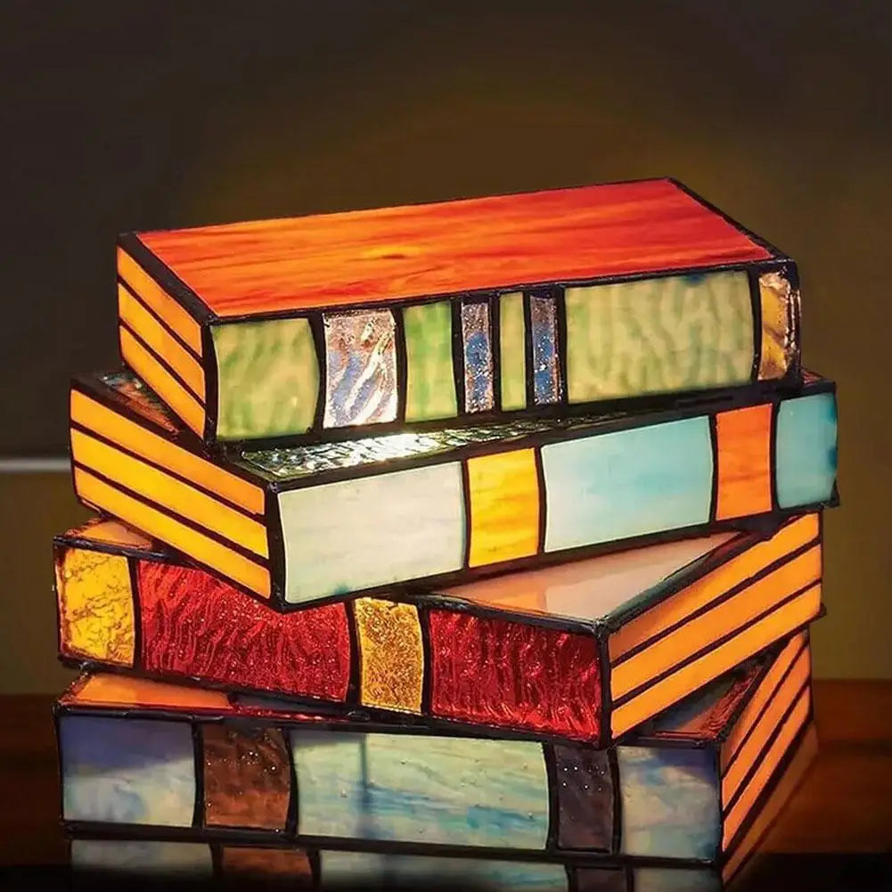 Plastic Stacked Books Lamp Decorative Handicraft Stacked Books Light Stained Glass Table Reading Light Nightstand Desk Lamps