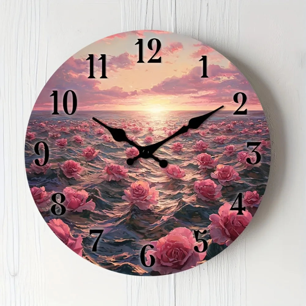 1pc of a Quiet Wall Clock That Doesn'T Tick, Featuring a Decorative Round Design with an Abstract Floral Ocean Sunset Theme, Sui
