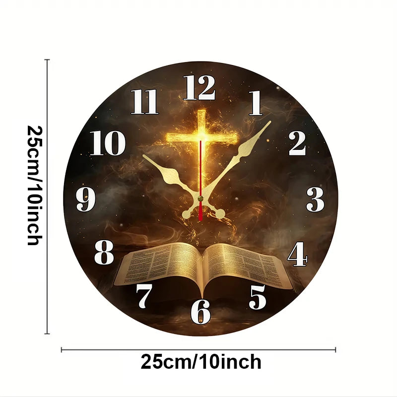 Flame & Open Book Wooden Round Silent Hanging Wall Clock, Suitable For Living Room, Office, Study Room, Bedroom, Home Decoration