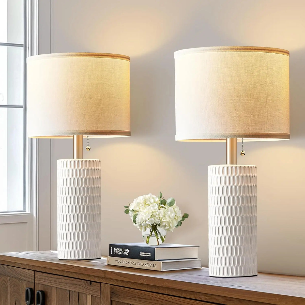 20" Ceramic Table Lamps Set of 2 for Bedroom, Modern Nightstand Lamps with Fabric Shade and Pull Chain for Living Room