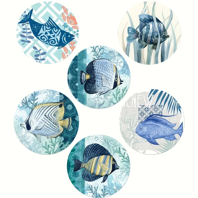 10CM 6PCS 2D Ecology Ocean Underwater Scene Wooden Coasters Ocean Surroundings Furniture Decoration Gift Desktop Protection