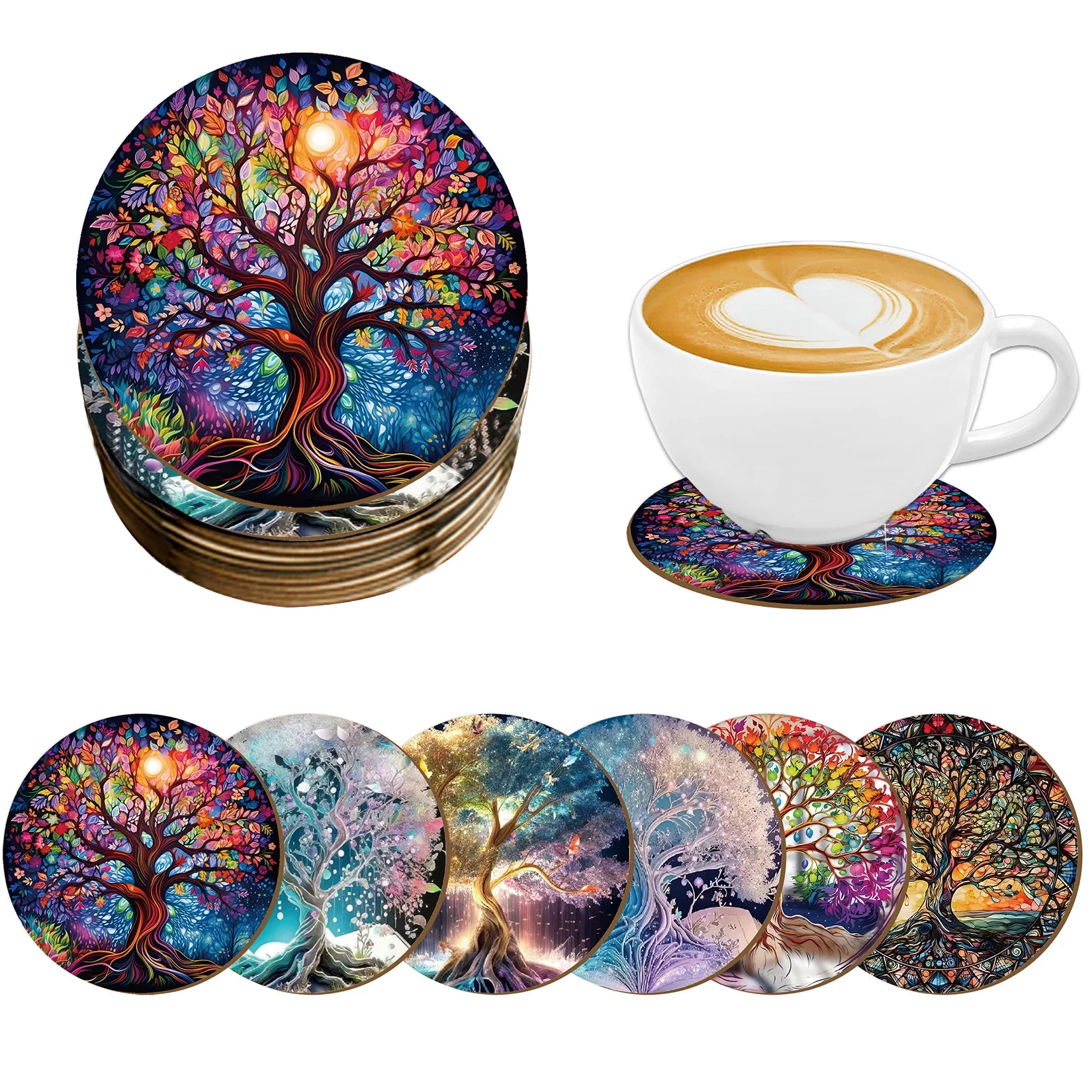 6 Sets of Artistic Painted Wooden Anti-Slip Coasters with Iridescent Tree Patterns, Suitable for Kitchen Decoration