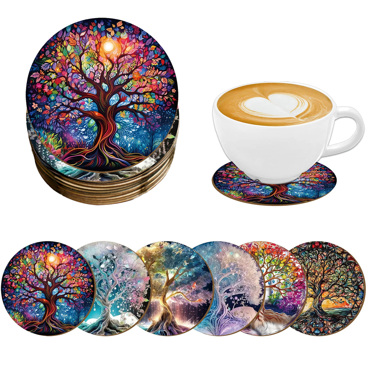 6 Sets of Artistic Painted Wooden Anti-Slip Coasters with Iridescent Tree Patterns, Suitable for Kitchen Decoration