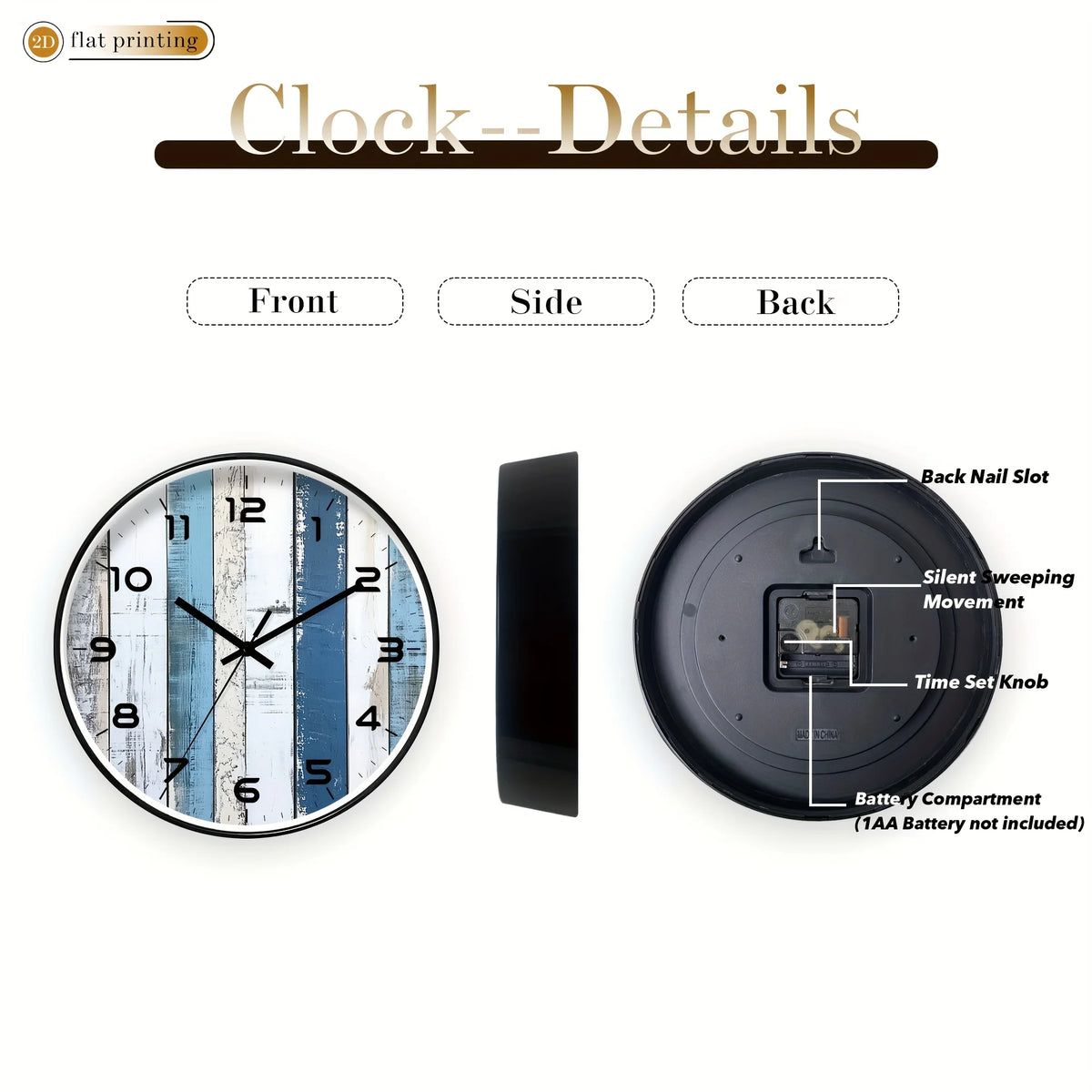 1pc Wall Clock / 2D Flat Printed Clock,  Blue and White Wood Grain Pattern Design / Suitable for Living Room, Bedroom, Seaside Style Decoration, Beach Style Home Decor / Ideal Birthday, Holiday, Summer Gift (AA Batteries Not