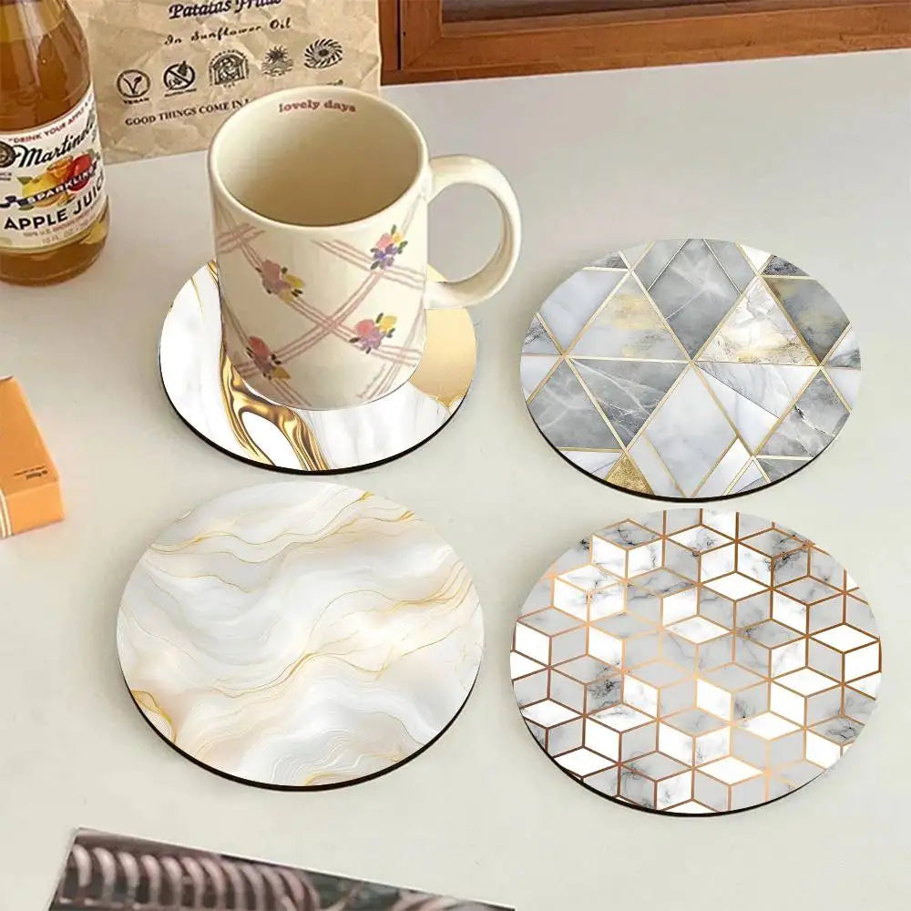 Golden Line Marble Pattern Round Wooden Coasters Suitable For Restaurants And Coffee Home Gift Choice Holidays