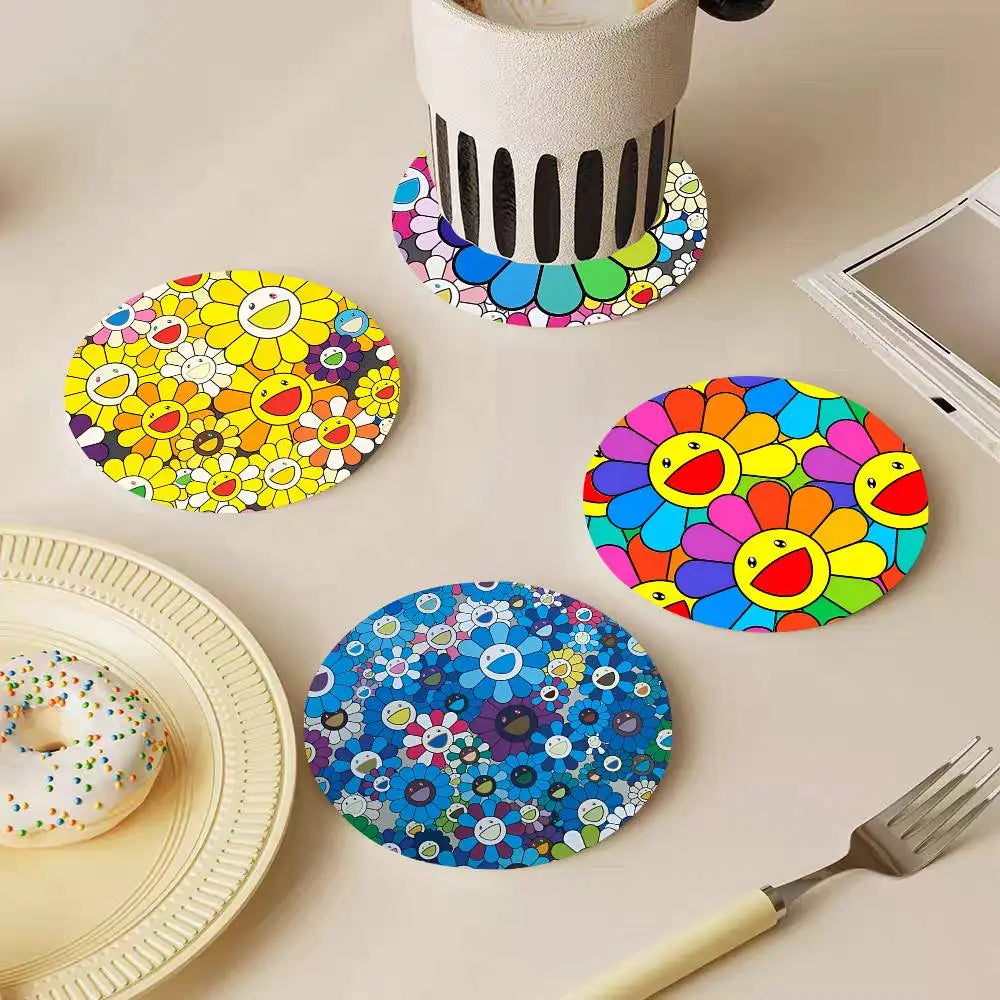 Cute T-Takashi Flowers M-Murakami Round Wooden Coasters Suitable For Restaurants And Coffee Home Gift Choice Holidays