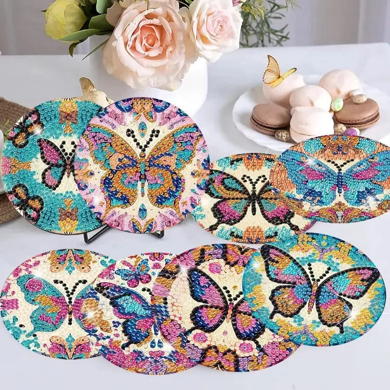 8 Pieces/Set Butterfly Pattern Diamond Painted Coaster Set Sparkling Rhinestone Heat-Resistant Beverage Mat with Holder DIY Coas